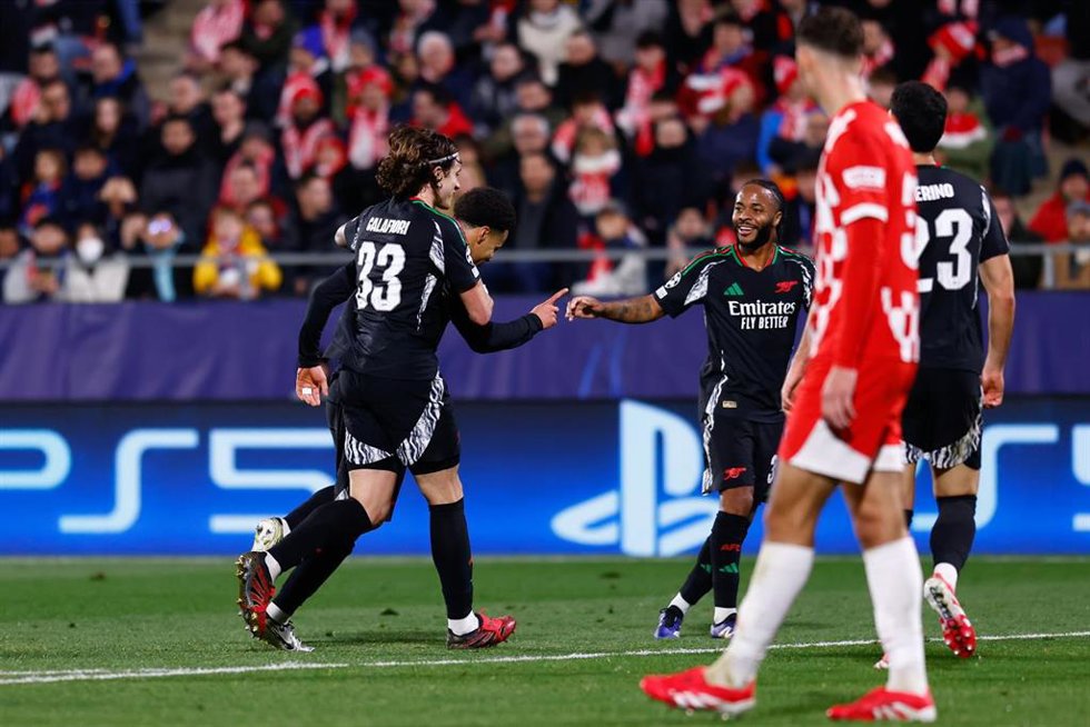 Ethan Nwaneri of Arsenal FC celebrates a goal with teammates during the UEFA Champions League 2024/25 League Phase MD8 match between Girona FC and Arsenal FC at Estadio de Montilivi on January 29, 2025, in Girona, Spain.
