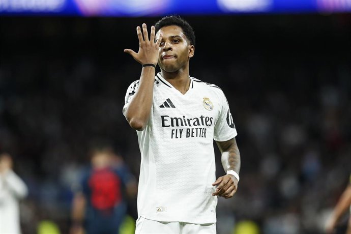 El delantero del Real Madrid Rodrygo Goes celebra un gol en Champions. 