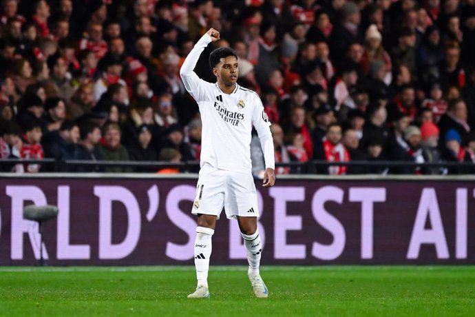 January 29, 2025, Guingamp, France: Rodrygo ( 11 - Real Madrid ) celebrates after scoring during the UEFA Champions League match between Stade Brestois 29 and Real Madrid CF at Stade de Roudourou on January 29 , 2025 in Guingamp, France.,Image: 958686773,