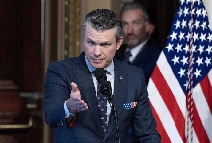 January 25, 2025, Washington, District Of Columbia, USA: United States Secretary of Defense Pete Hegseth, left, makes remarks after taking the oath of office from US Vice President JD Vance in the Indian Treaty Room in the Eisenhower Executive Office Buil