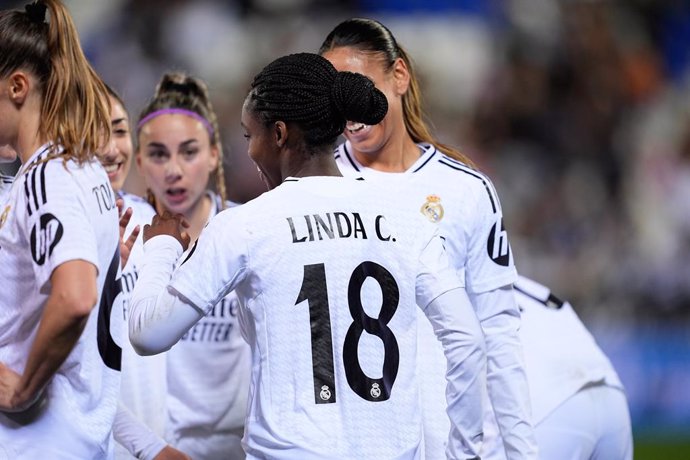 Linda Caicedo of Real Madrid celebrates a goal with teammates during Spanish Super Cup 25, Supercopa de Espana, women football match played between Real Madrid and Real Sociedad at Butarque stadium on January 23, 2025, in Leganes, Madrid, Spain.