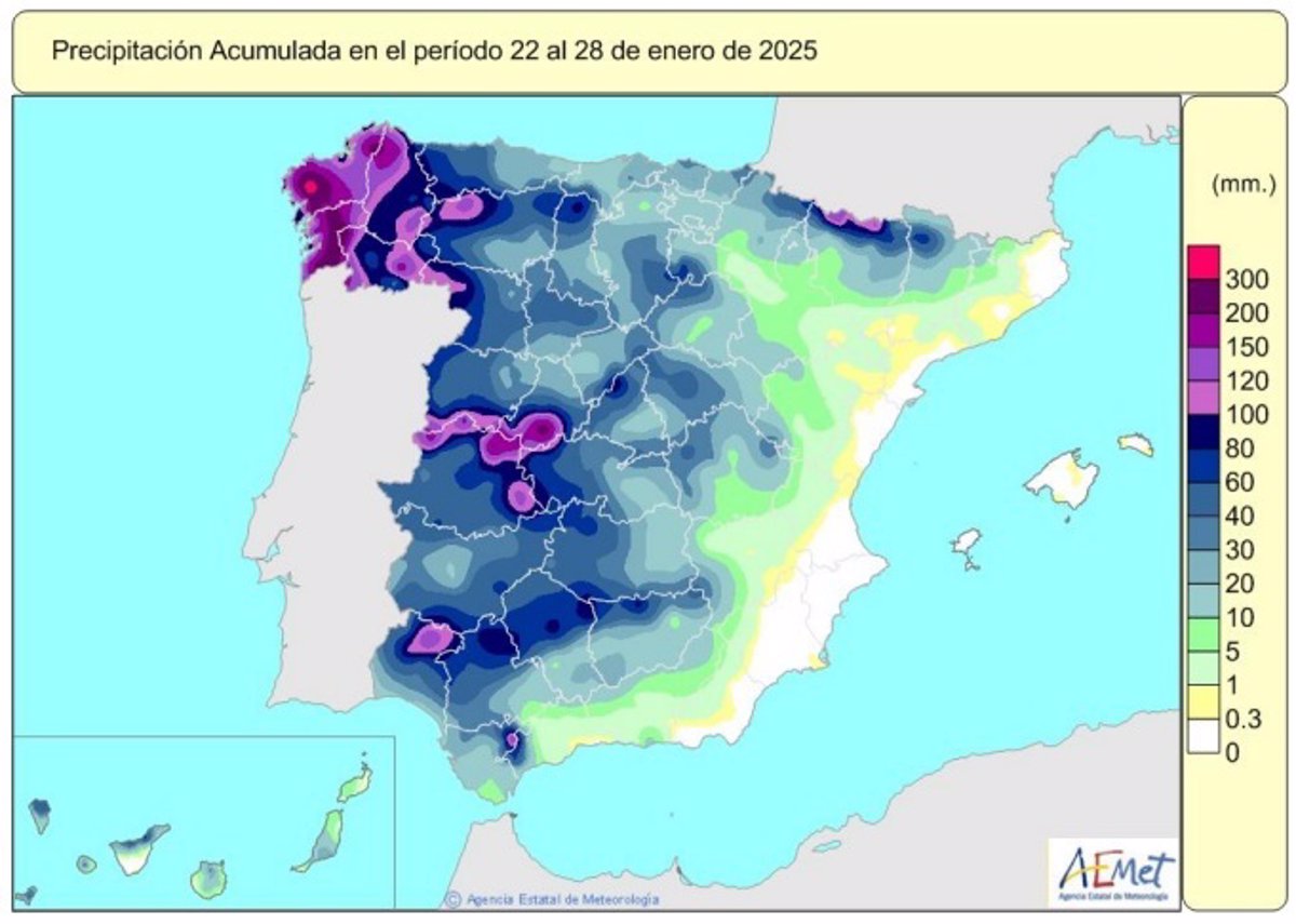 Las lluvias acumuladas desde octubre alcanzan 286 l/m2, casi lo normal para estas fechas, tras  Herminia  e  Ivo 