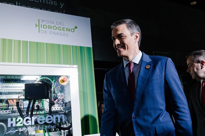 El presidente del Gobierno, Pedro Sánchez, durante la III edición del Día del Hidrógeno de Enagás, en el Auditorio de la Fundación Rafael del Pino, a 29 de enero de 2025, en Madrid (España). La jornada se ha centrado en el proyecto del corredor H2med, que