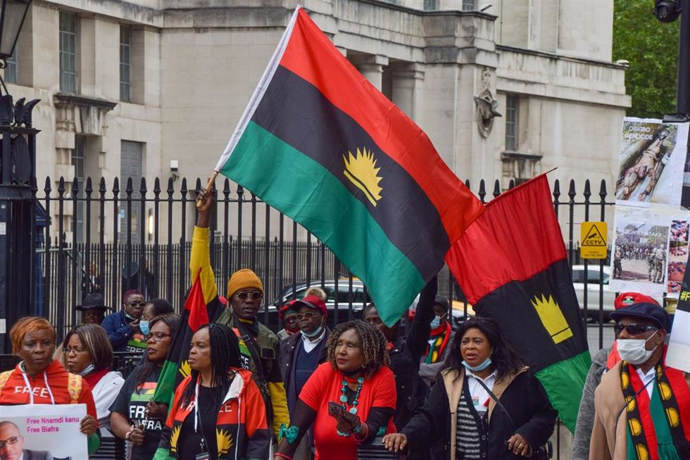 Archivo - Fotografía de archivo de una manifestación en 2021 en Londres para reclamar la independencia de Biafra y la liberación de Nnamdi Kanu, líder del grupo separatista Pueblo Indígena de Biafra (IPOB)