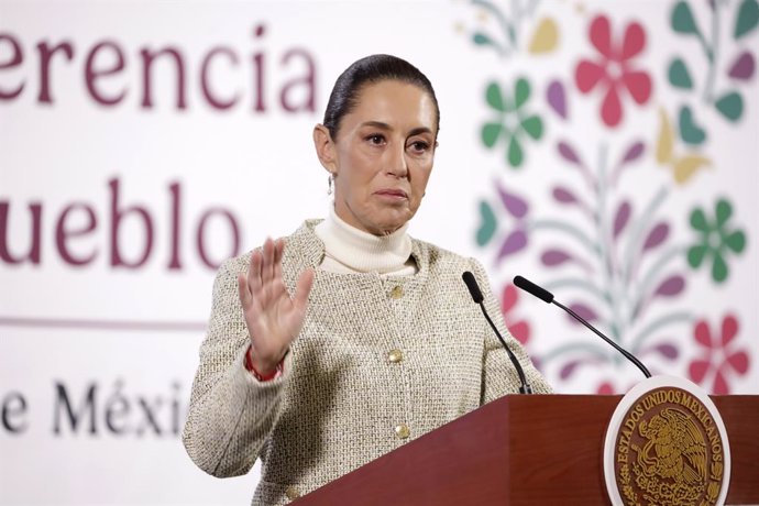 Claudia Sheinbaum, President of Mexico, speaks during a press conference where she presented the new National Law to Eliminate Bureaucratic Procedures and Corruption. at National Palace. on January 30, 2025 in Mexico City, Mexico.