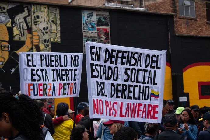 January 26, 2025, Bogota, Cundinamarca, Colombia: People demonstrate in Bogota, Colombia against the recent violence escalation in the Catatumbo region in Colombia that has left an aproximate of 58 fatal victims and around 40.000 victims of inforced dissp