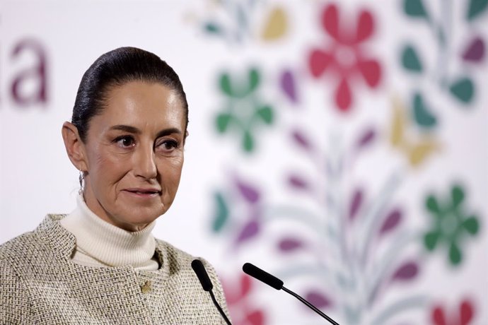 Claudia Sheinbaum, President of Mexico, speaks during a press conference where she presented the new National Law to Eliminate Bureaucratic Procedures and Corruption. at National Palace. on January 30, 2025 in Mexico City, Mexico.