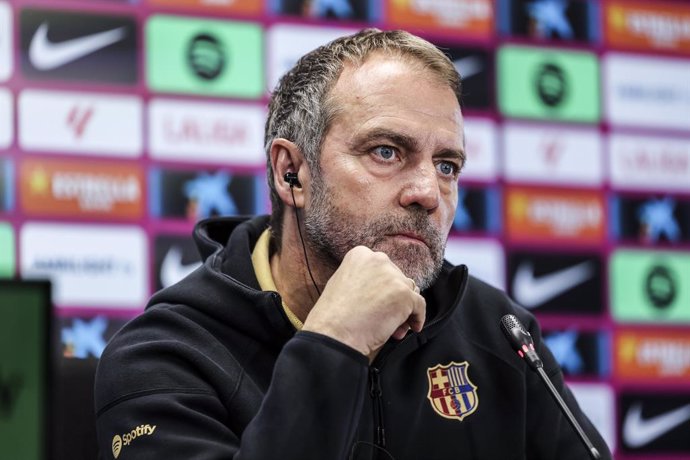 Hansi Flick, head coach of FC Barcelona attends his press conference during the training day of FC Barcelona ahead the Spanish League, La Liga EA Sports, football match against Valencia CF at Ciudad Esportiva Joan Gamper on January 25, 2025 in Sant Joan D