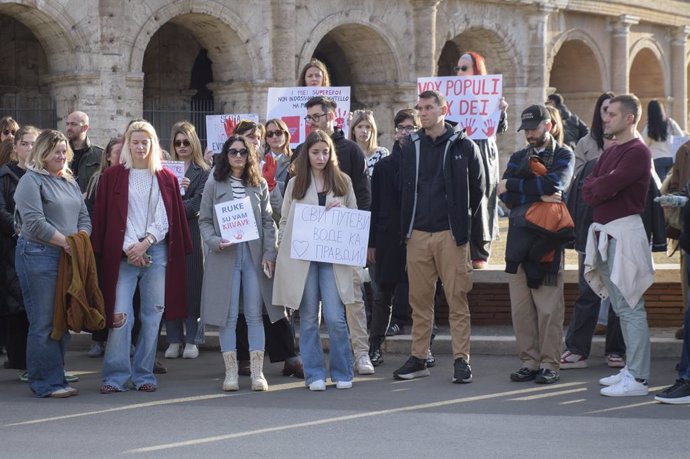 January 26, 2025, Rome, Italy: Protesters show protest signs during the sit-in to demand justice for the victims of the accident at the Novi Sad station, in which 15 people lost their lives and in solidarity with the protests against the Serbian governmen