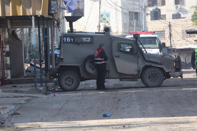 January 27, 2025, Jenin, West Bank, Palestinian Territory: Israeli soldiers with their vehicles on a road on the seventh day of an Israeli military operation in the West Bank city of Jenin, 27 January 2025. The Israeli military launched a 'counterterroris