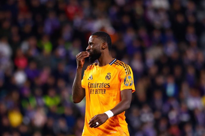 Antonio Rudiger of Real Madrid gestures during the Spanish League, LaLiga EA Sports, football match played between Real Valladolid CF and Real Madrid at Jose Zorrilla on January 25, 2025, in Valladolid, Spain.