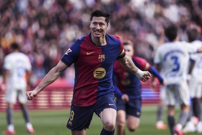 Robert Lewandowski of FC Barcelona celebrates a goal during the Spanish league, La Liga EA Sports, football match played between FC Barcelona and Deportivo Alaves at Estadio Olimpico de Montjuic on February 02, 2025 in Barcelona, Spain.