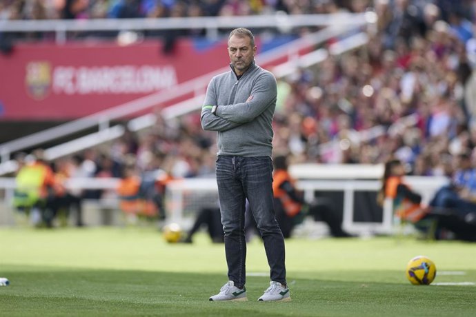 Hansi Flick head coach of FC Barcelona looks on during the LaLiga EA Sports match between FC Barcelona and Deportivo Alaves at Estadi Olimpic Lluis Companys on February 2, 2025, in Barcelona, Spain.