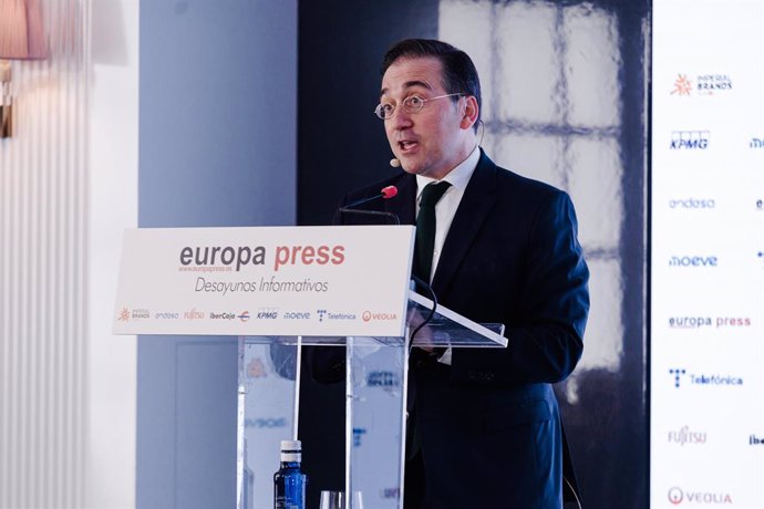 El ministro de Asuntos Exteriores, Unión Europea y Cooperación, José Manuel Albares, durante un Desayuno Informativo de Europa Press, en Rosewood Villa Magna, a 3 de febrero de 2025, en Madrid (España).