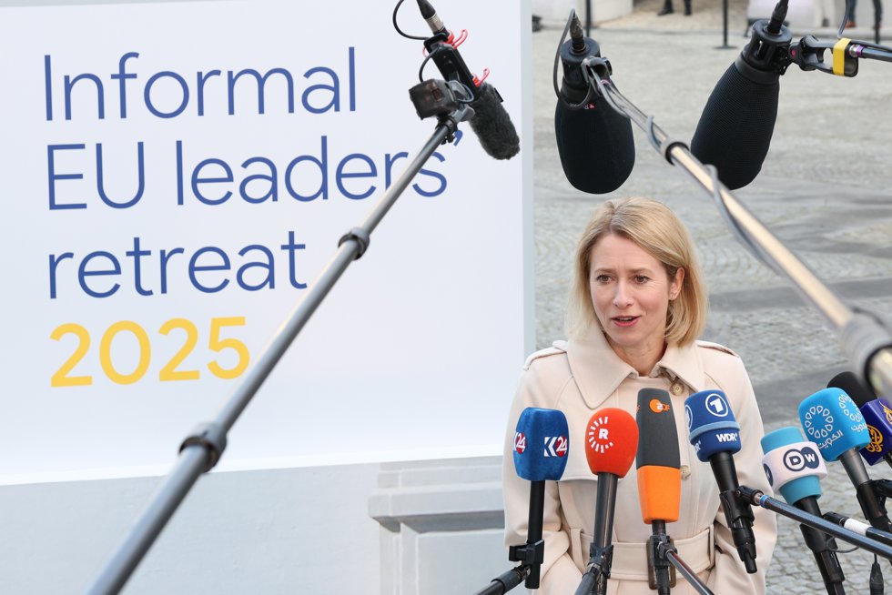 HANDOUT - 03 February 2025, Belgium, Brussels: EU foreign affairs chief Kaja Kallas speaks to the media ahead of a meeting of European Union leaders.