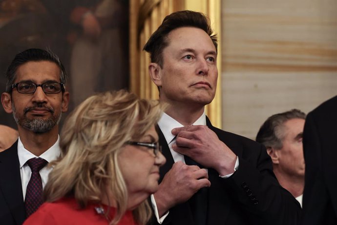 January 20, 2025, Washington, District Of Columbia, USA: WASHINGTON, DC - JANUARY 20: Tesla, SpaceX and X CEO Elon Musk attends the inauguration of U.S. President-elect Donald Trump in the Rotunda of the U.S. Capitol on January 20, 2025 in Washington, DC.