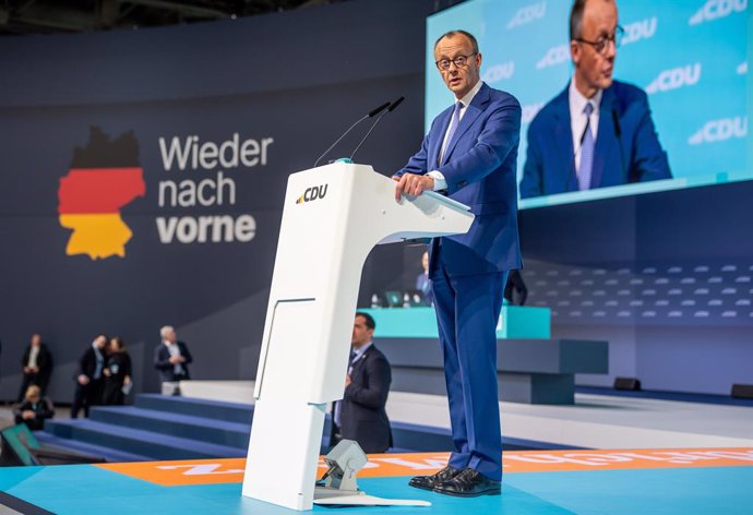 03 February 2025, Berlin: Friedrich Merz, CDU candidate for chancellor and CDU federal chairman, speaks at the 37th federal party conference of the CDU. The CDU wants to adopt an "immediate program" at the party conference, which is to be implemented imme