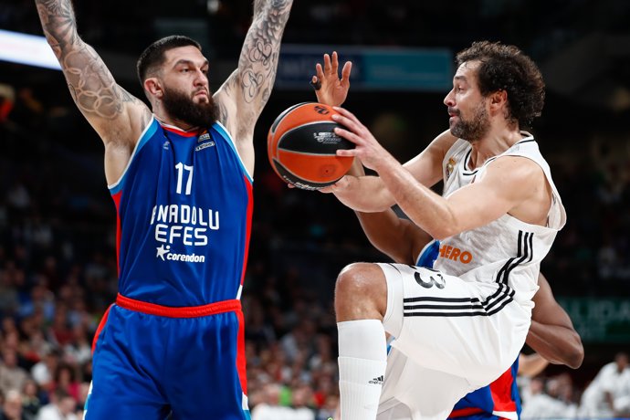 Archivo - Vincent Poirier of Anadolu Efes Istambul and Sergio Llull Melia of Real Madrid in action during the Turkish Airlines EuroLeague Regular Season match between Real Madrid and Anadolu Efes Istambul at Wizink Center on November 14, 2024 in Madrid, S