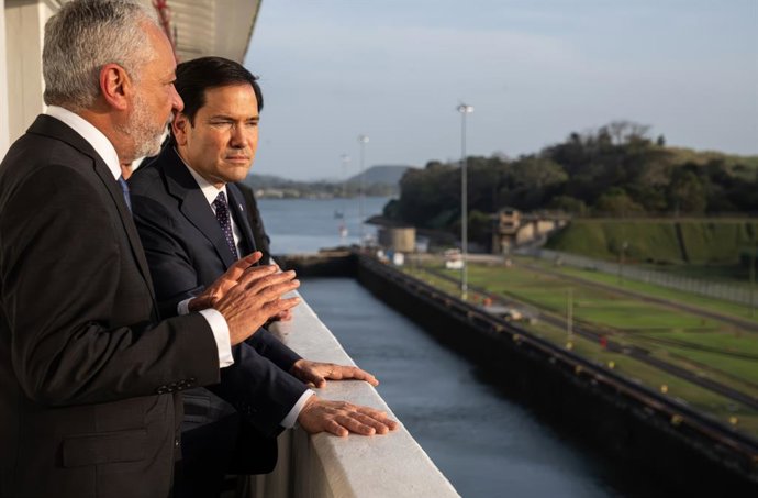 February 2, 2025, Panama City, Panama: U.S Secretary of State Marco Rubio, right, is show operations at the Miraflores locks by Panama Canal Authority Administrator Ricaurte Vasquez, left, during a tour  of the Panama Canal, February 2, 2025 in Panama C
