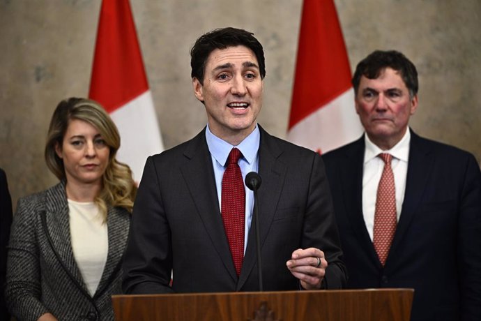 February 1, 2025, Ottawa, On, CAN: Prime Minister Justin Trudeau addresses media following the imposition of a raft of tariffs by U.S. President Donald Trump against Canada, Mexico and China, in Ottawa, Saturday, Feb. 1, 2025. Tariffs of 10 per cent on Ca