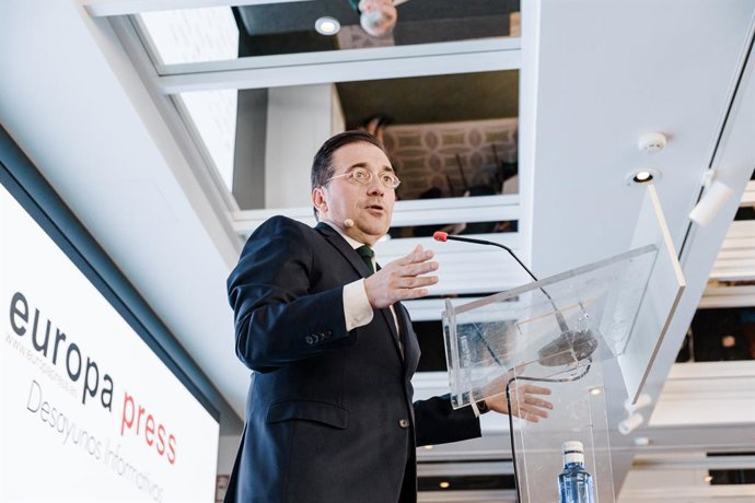 El ministro de Asuntos Exteriores, Unión Europea y Cooperación, José Manuel Albares, durante un Desayuno Informativo de Europa Press, en Rosewood Villa Magna, a 3 de febrero de 2025, en Madrid (España).