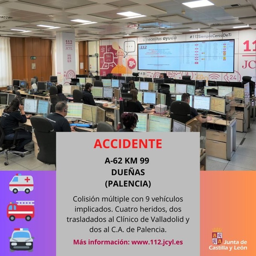 Gráfico elaborado por el 112 con datos del accidente múltiple en la A-62 en Dueñas (Palencia)
