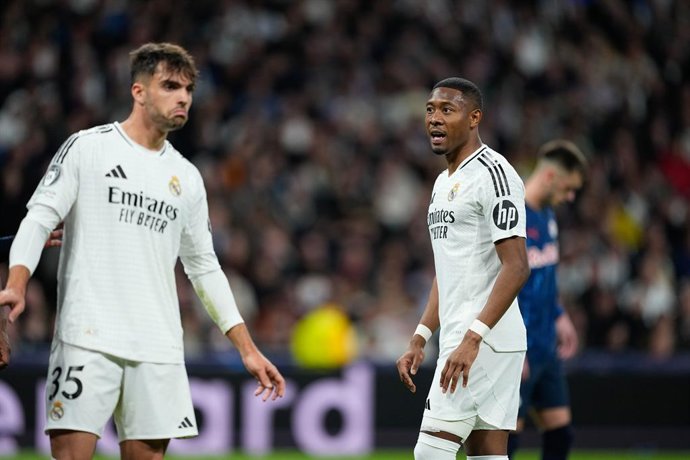 David Alaba of Real Madrid gestures during the UEFA Champions League 2024/25 League Phase MD7 match between Real Madrid and RB Salzburg at Santiago Bernabeu stadium on January 22, 2025, in Madrid, Spain.