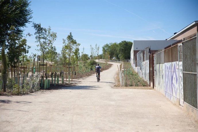 Archivo - Un hombre monta en bicicleta en el parque semiforestal en San Blas-Canillejas, en el barrio de Las Rosas