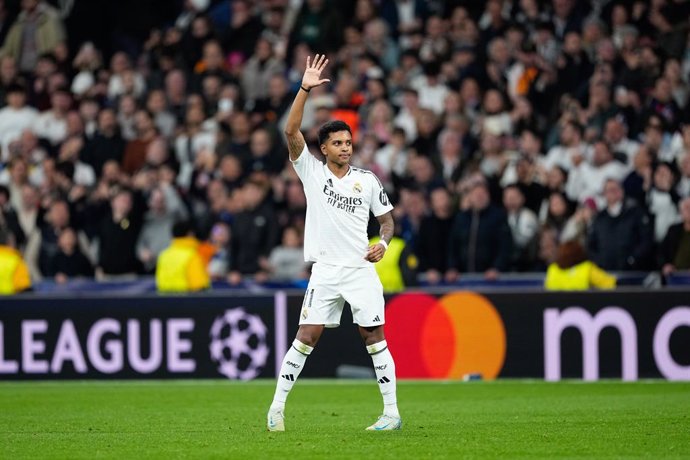 Rodrygo Goes of Real Madrid celebrates a goal during the UEFA Champions League 2024/25 League Phase MD7 match between Real Madrid and RB Salzburg at Santiago Bernabeu stadium on January 22, 2025, in Madrid, Spain.