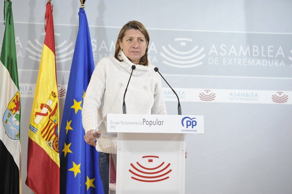 La diputada del PP en la Asamblea de Extremadura Pilar Gómez de Tejada en rueda de prensa para valorar los datos de paro de enero de 2025