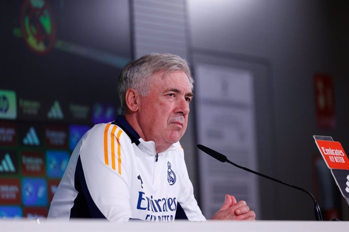 Carlo Ancelotti, head coach of Real Madrid, gives a press conference during the training day of Real Madrid ahead the Spanish League, LaLiga EA Sports, football match against Real Valladolid at Ciudad Deportiva Real Madrid on January 24, 2025, in Valdebeb