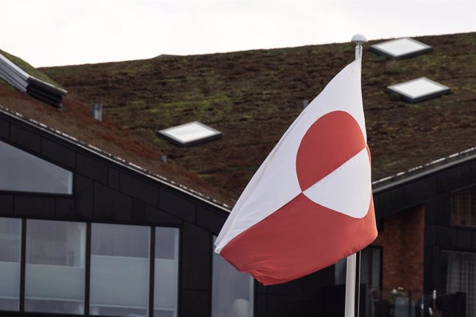 January 27, 2025, Copenhagen, Denmark: TheÂ flag of Greenland flies at Strandgade.