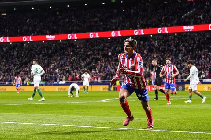 Giuliano Simeone of Atletico de Madrid celebrates a goal during the Copa del Rey Quarter Final match between Atletico de Madrid and Getafe CF at Riyadh Air Metropolitano stadium on February 4, 2025, in Madrid, Spain.