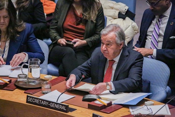 January 20, 2025, New York, New York, USA: The UN Secretary General, ANTONIO GUTERRES, speaks during a Security Council meeting on the Middle East with a main focus on ceasefire and focus on formation of new governments in Lebanon and Syria..This meeting 