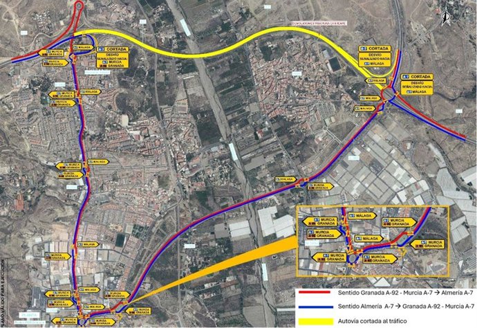 Mapa del itinerario alternativo habilitado por las obras de remodelación en el enlace entre la A-7 y la A-92 en Viator (Almería).