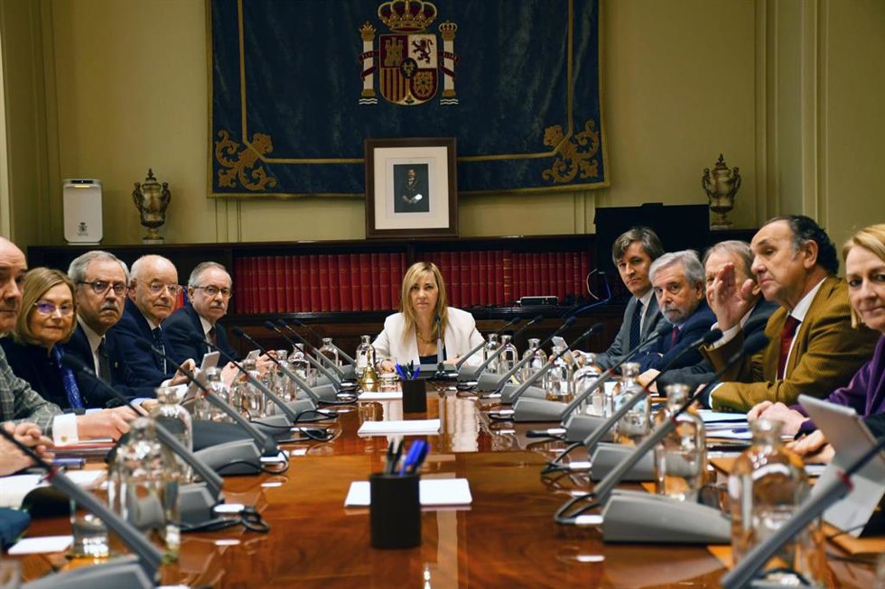 La presidenta del CGPJ, Isabel Perelló(c), durante el pleno extraordinario que celebra el Consejo General del Poder Judicial (CGPJ), en relación con la Disposición Adicional de la Ley Orgánica 3/2024, de 2 de agosto, a 5 de febrero de 2025, en Madrid (E