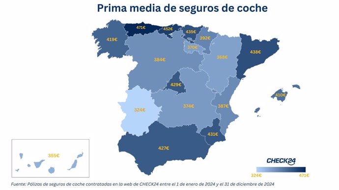 La prima media de seguro de coche más baja está en Extremadura y la más alta en Asturias en 2024, según Check24.