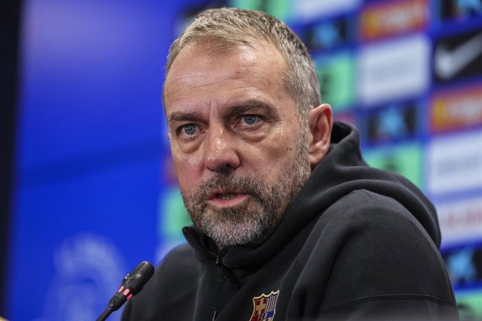 Hansi Flick, head coach of FC Barcelona attends his press conference during the training day of FC Barcelona ahead the Spanish League, La Liga EA Sports, football match against Deportivo Alaves at Ciudad Esportiva Joan Gamper on February 01, 2025.