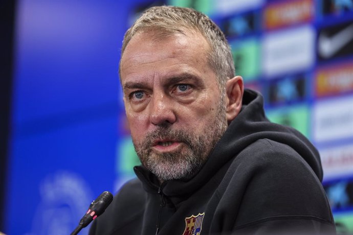 Hansi Flick, head coach of FC Barcelona attends his press conference during the training day of FC Barcelona ahead the Spanish League, La Liga EA Sports, football match against Deportivo Alaves at Ciudad Esportiva Joan Gamper on February 01, 2025 in Sant 