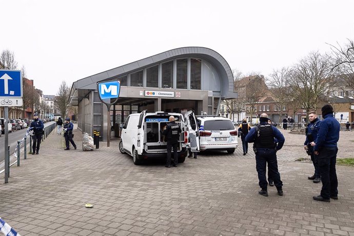 Police pictured outside the Clemenceau metro station, which is closed off after a shooting this morning, Wednesday 05 February 2025 in Cureghem - Kuregem, Anderlecht, Brussels.