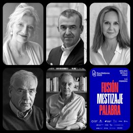 Cartel anunciador con imágenes de algunos de los protagonistas de los encuentros de 'Escribidores' que tendrán lugar en el Museo Picasso Málaga desde este miércoles y durante los próximos días.