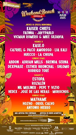 Cartel con los artistas y bandas confirmadas hasta la fecha por el Weekend Beach Festival Torre del mar que se celebra los días 10, 11 y 12 de julio en la población costera de Torre del Mar, en Vélez-Málaga.