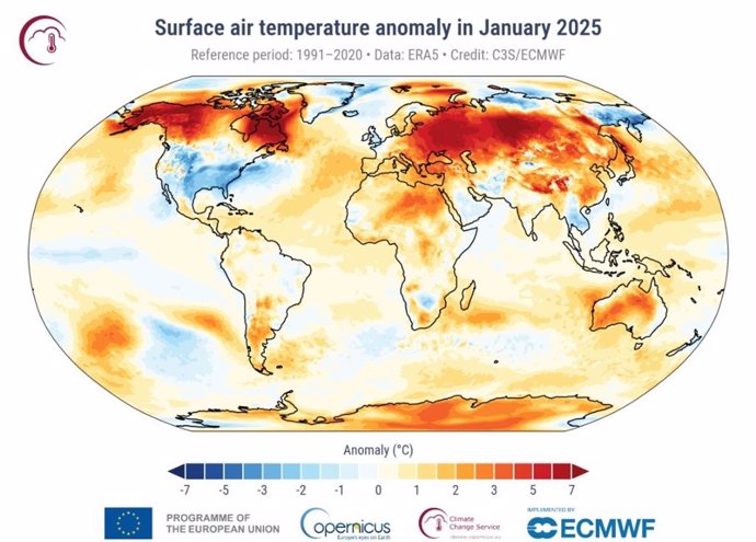 Anomalía de la temperatura del aire superficial para enero de 2025 con respecto al promedio de enero para el período 1991-2020.