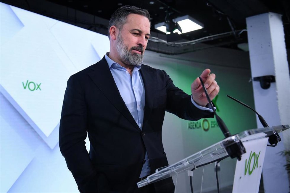 El líder de VOX, Santiago Abascal, durante una rueda de prensa en la sede del partido. 