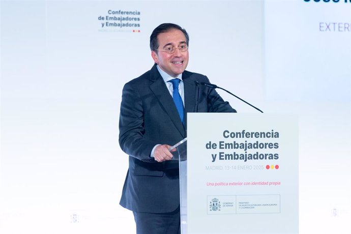 El ministro de Asuntos Exteriores, Unión Europea y Cooperación, José Manuel Albares, interviene durante la clausura la IX Conferencia de Embajadores