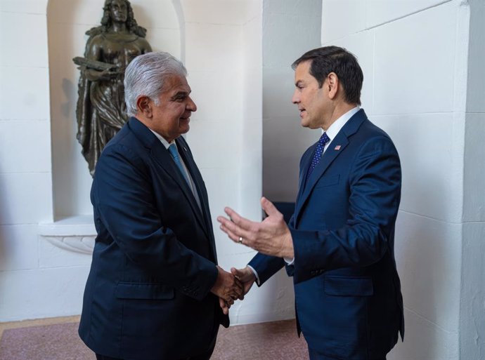 February 2, 2025, Panama City, Panama: U.S Secretary of State Marco Rubio, right, is greeted by Panamanian President Jose Raul Mulino, left, before the start of bilateral meetings at presidential palace, February 2, 2025 in Colon, Panama.