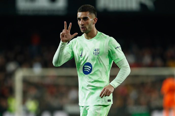 Ferran Torres of FC Barcelona celebrates a goal during the Copa del Rey Quarter Final match between Valencia CF and FC Barcelona at Mestalla stadium on February 6, 2025, in Valencia, Spain.