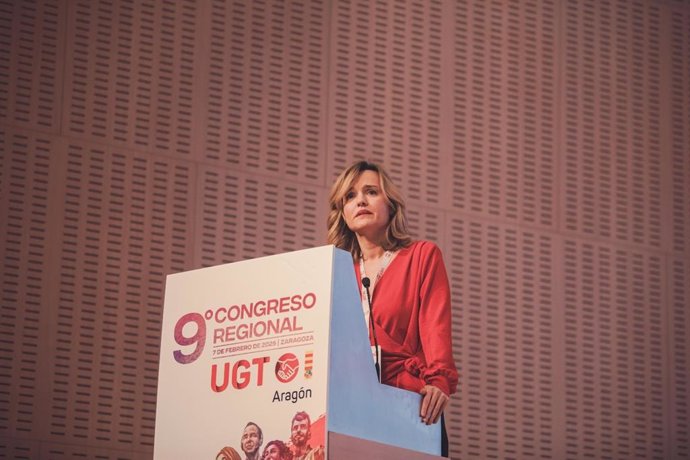 La ministra Pilar Alegría, surnate su intervención en el IX Congreso Regional de UGT Aragón.
