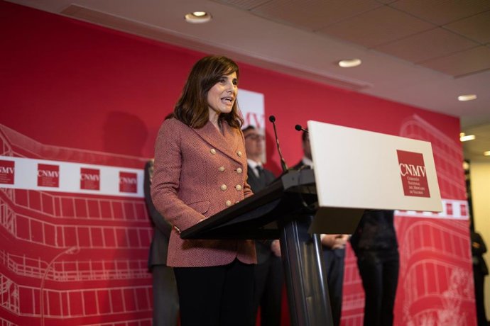 La vicepresidenta de la CNMV, Paloma Marín, interviene durante la toma de posesión de su cargo, en la sede de la Comisión Nacional del Mercado de Valores (CNMV), a 8 de enero de 2025, en Madrid (España).