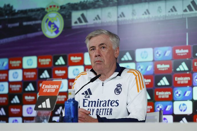 Carlo Ancelotti, head coach of Real Madrid, gives a press conference during the training day of Real Madrid ahead the Spanish League, LaLiga EA Sports, football match against Atletico de Madrid at Ciudad Deportiva Real Madrid on February 7, 2025, in Valde